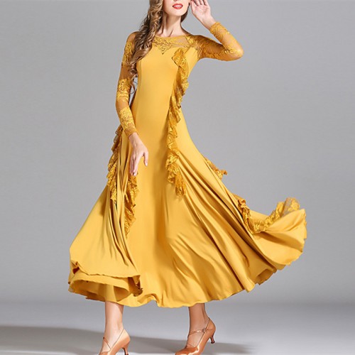 Turquoise yellow purple lace ballroom dance dresses for women young girls long sleeves professional foxtrot smooth tango waltz dance gown